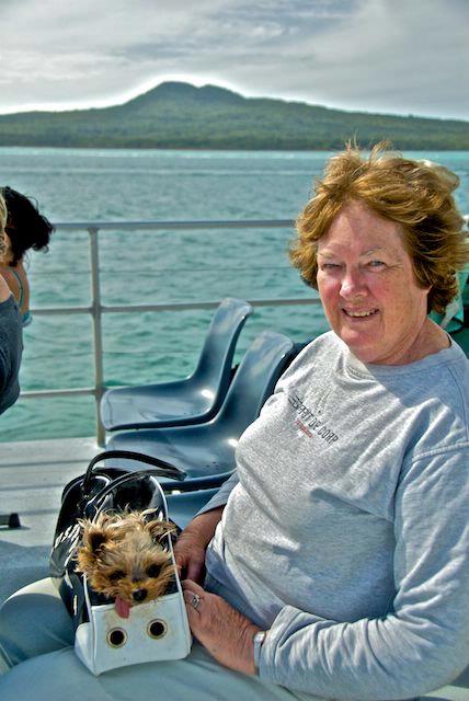 Véronique Cornille; Pebbles and owner pass Rangitoto Island on Waiheke Island ferry
