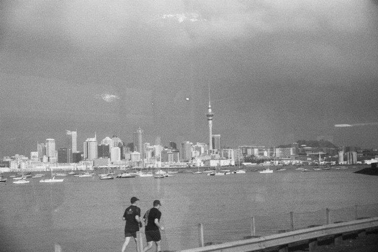 Courtney Rodgers; view of city from harbour bridge; taken on black and white film