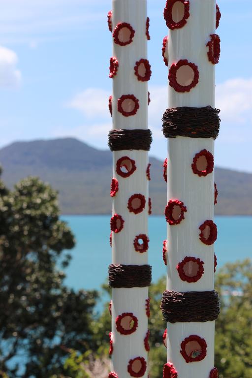 Leigh Burrell;Red Rosettes LIght Poles 2014 by Susannah Bridges;NZ Sculpture OnShore 2014