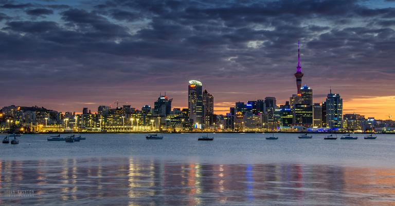 Ian Rushton; After Glow; Auckland City seen from Stanely Bay, Devonport
