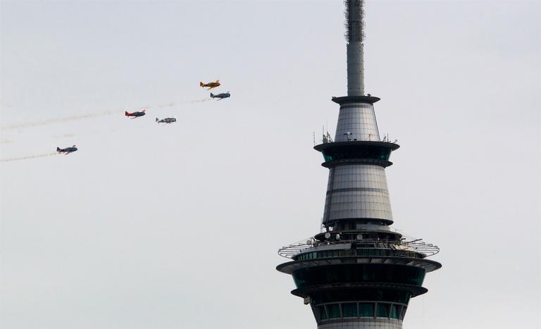 Paul Craze; Skytower Fly By; 5 Harvard AT 6 in formation over Auckland.