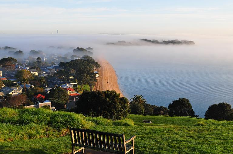 Ed Adam;Misty Mountain Hop;A misty morning view of the north shore from Mt Victoria, Devonport