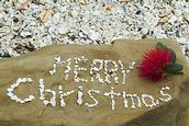 John Ling; Merry Xmas in Blockhouse Bay beachJust saw a Japanese tour_Yoshi make up a shell words' Happy Xmas'. We rearrange to 'Merry Xmas' later in Wattle Bay on Xmas day;