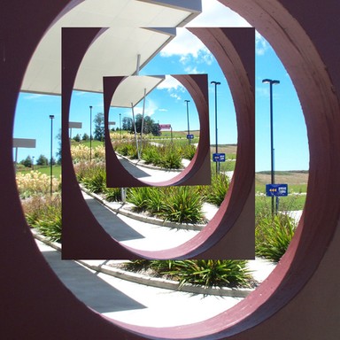 Judi Millar; Drivethru; Looking thru port hole at drive in Petrol Station on Northern Motorway