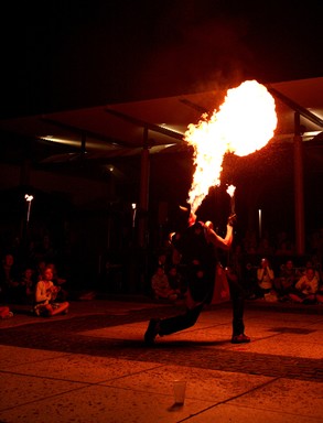 Stephen Hardy; Fireguy; Brent Matthews Alis Fireguy from Canada at the recent International Buskers Festival, blowing fire to amaze the crowd at Viaduct Harbour Auckland City