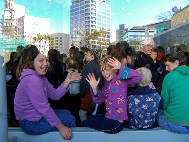 Vivian Guan; Untitled; This was taken outside The Edge (in the city), when our school went to see a show there. It was taken through glass, so the upper half of the shot was a reflection of what was behind me. I think this photo echos the friendly, easy going vibe of Auckland.