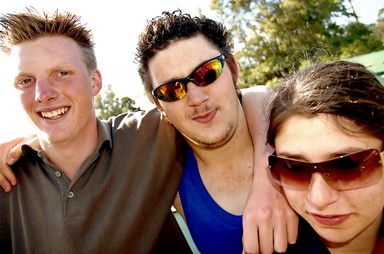 Michael Bajko; Meeting up again! Samuel, Jamie and April, Parker Road, Oratia.