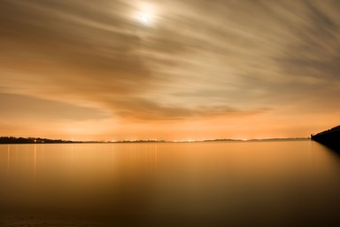 Phil Platt; Backlit; Night shot of Manukau Harbour from Cornwallis