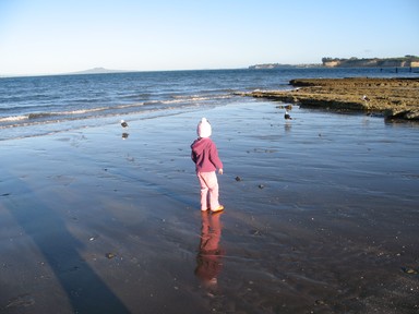 Phillipa King; three little birds and me; sunny winters day at Arkles Beach