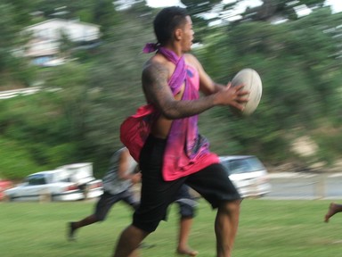 Chris Johannis; pass the ball; Sunday afternoon ruggers at Titirangi Beach