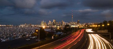 Lee Pike;The evening commute;Long exposure shot of the motoway and city skyline at dusk.