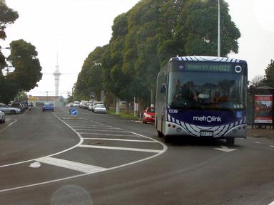 Julia Cotton;Bus on corner; Grey Lynn