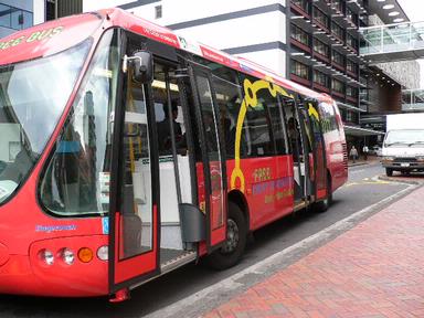 Winifred Struthers; Little Free Red Bus; Auckland City Circuit Bus waiting at bus stop outside Sky Tower