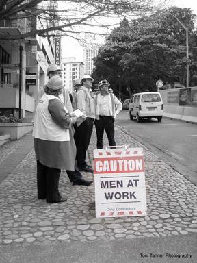 Toni Tanner; MEN AT WORK!?; I was interested to see what was happening with the construction at the Auckland Art Gallery. The pun in this photo was so amusing it was something I could not just walk by.