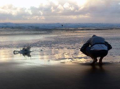 ES, Han;Piha beach;She is taking photo of something