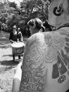 martin horspool; Tats; Samba drumming workshop at The Jambalaya festival.