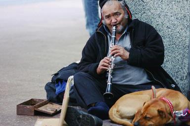 Jason Lee; Busking; Man and his dog