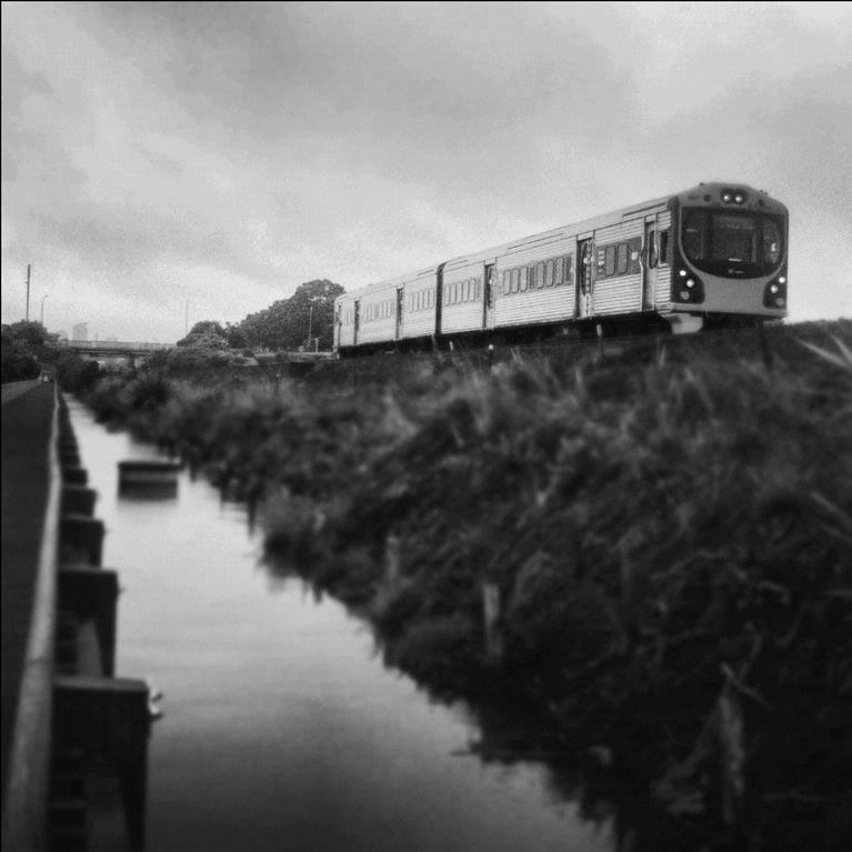 Emma Jane Caldwell; Running to the Orakei Station; I was racing over the bridge that connects Meadowbank and Orakei to catch my train when I spotted this one traveling towards the Meadowbank Station. I quickly got out my phone and took this photo which I then edited on my computer. Luckily I made it in time to catch my own train...just!