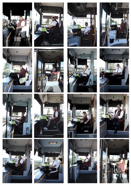 Julie Zhu; Day In The Life; For a photography project at Elam last year, we had to create a series reflecting our domestic spaces. I had recently been spending up to 3 hours a day on public transport at the time, and felt the Howick and Eastern buses were almost like my third home. I decided to base my photography project on the repetitiveness of routine, and this series arose out of that idea. For these photos, I sat at the Botany Town Centre bus stop for about four hours one day and took photos of all the bus drivers that passed by.