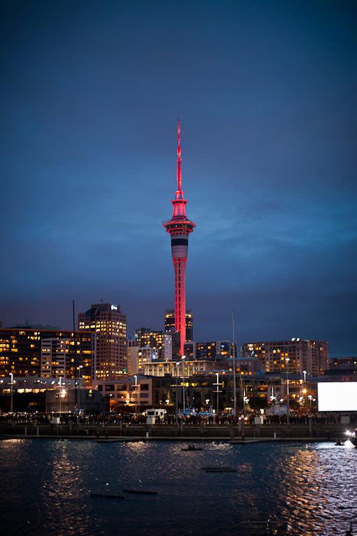 Leanne Pine;Red Skytower;Skytower coloured red for Team NZ launch of new boat
