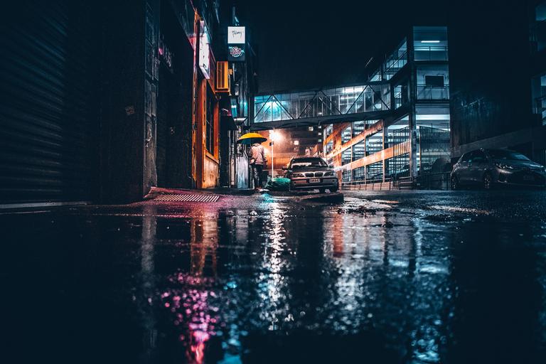 Jeremy Chi; Cross Street Rainy Night ;A moment of loneliness when the city falls asleep in rain.