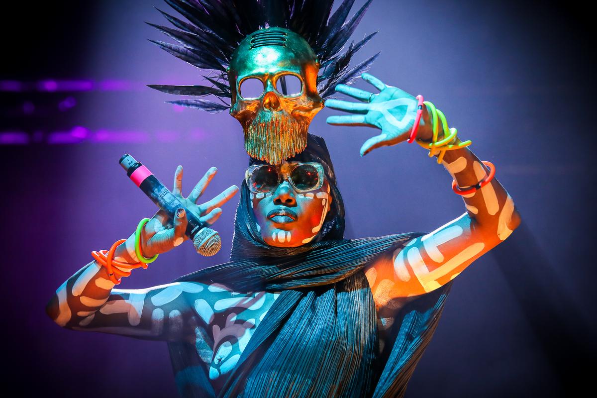 Dave Simpson; Grace Jones at Auckland City Limits;A living legend who knows how to work the crowd   and the photographers.  My camera died as she stared in to my lens, but luckily this shot survived.