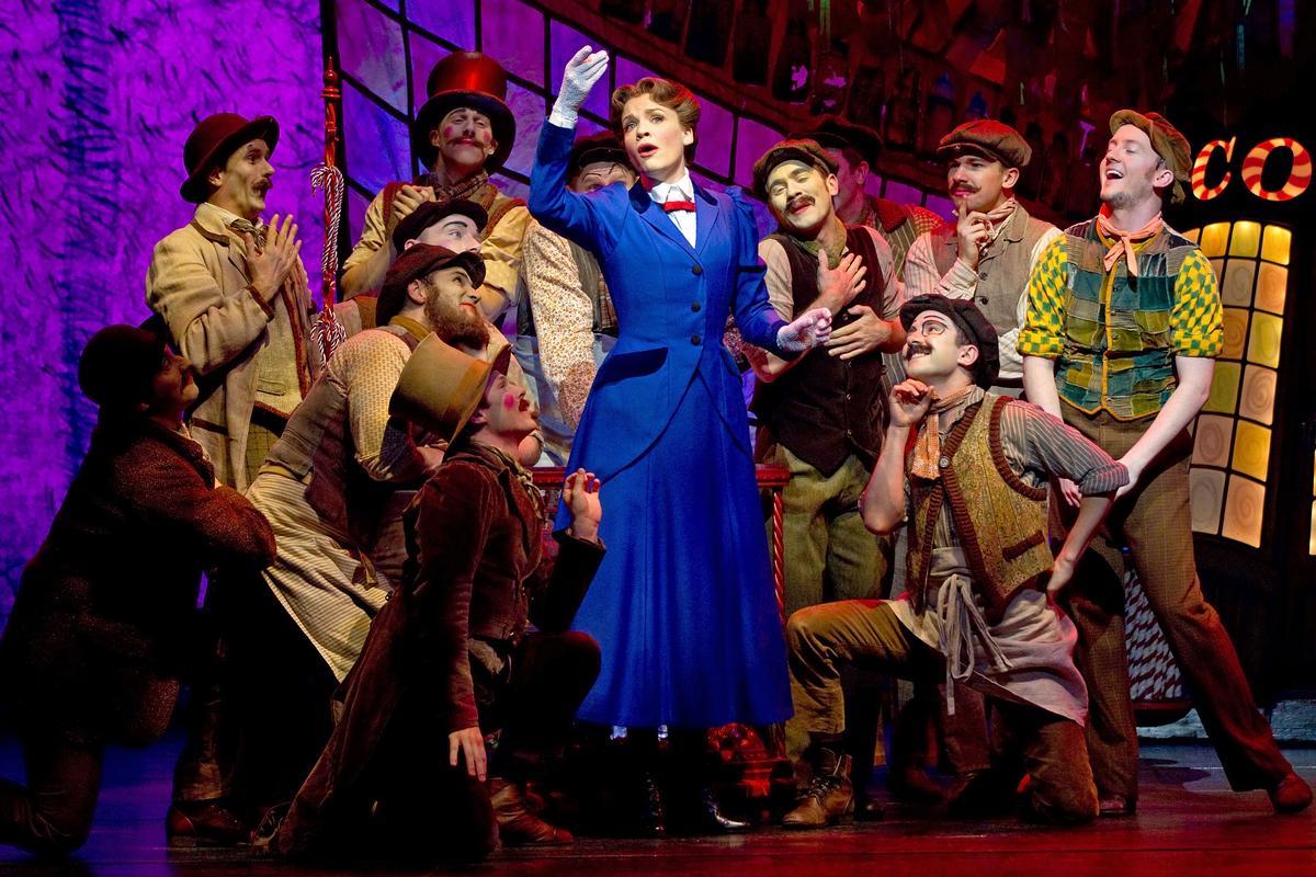 David Rowland; Mary Poppins; Rachel Wallace as Mary Poppins, and Matt Lee as Bert with the ensemble perform the song Supercalifragilisticexpialidocious in the stage show Mary Poppins, Civic Theatre, Auckland, New Zealand