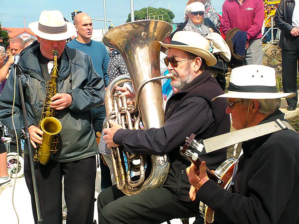 Sora Joseph Waningsinggel; Maestro;Senior musicians playing at Onehunga train station reopening.