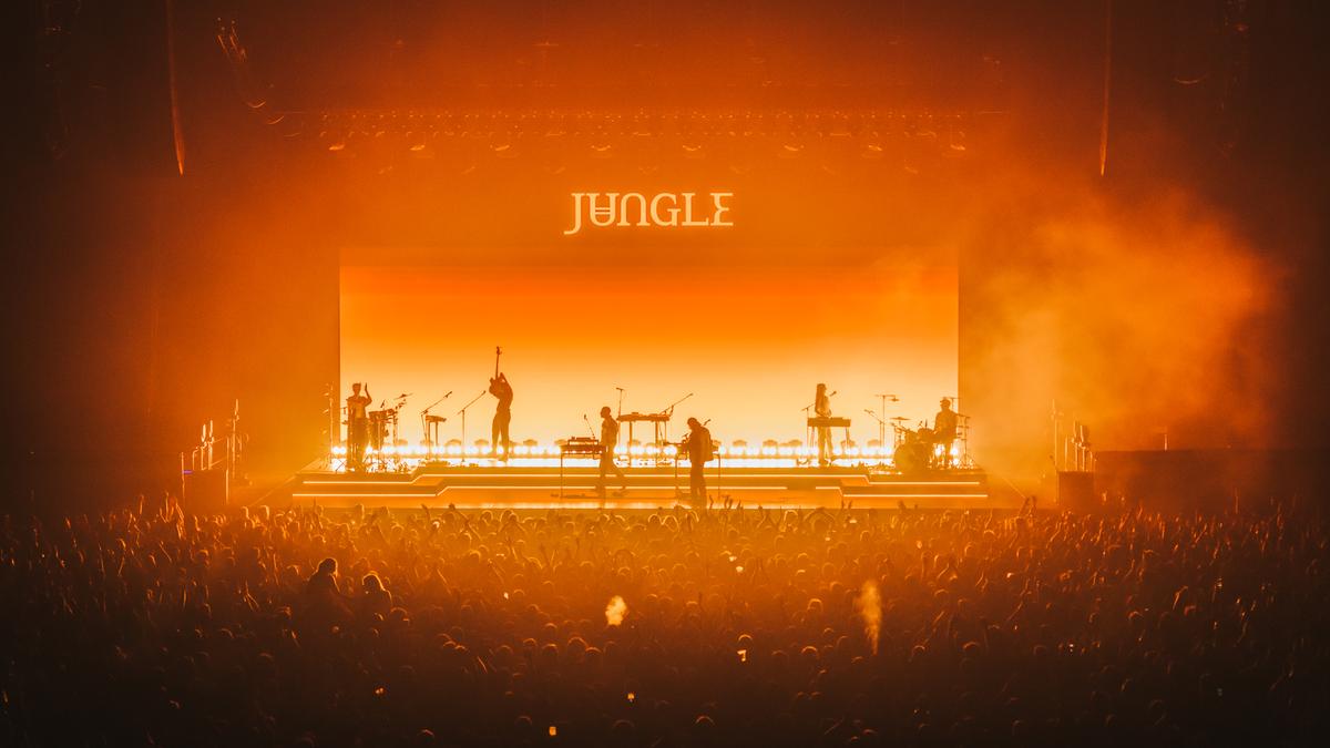 Mili Villamil;Live concert scene featuring the band Jungle.;The stage is dramatically lit in warm tones of orange and yellow, creating a vibrant, sunset like backdrop.