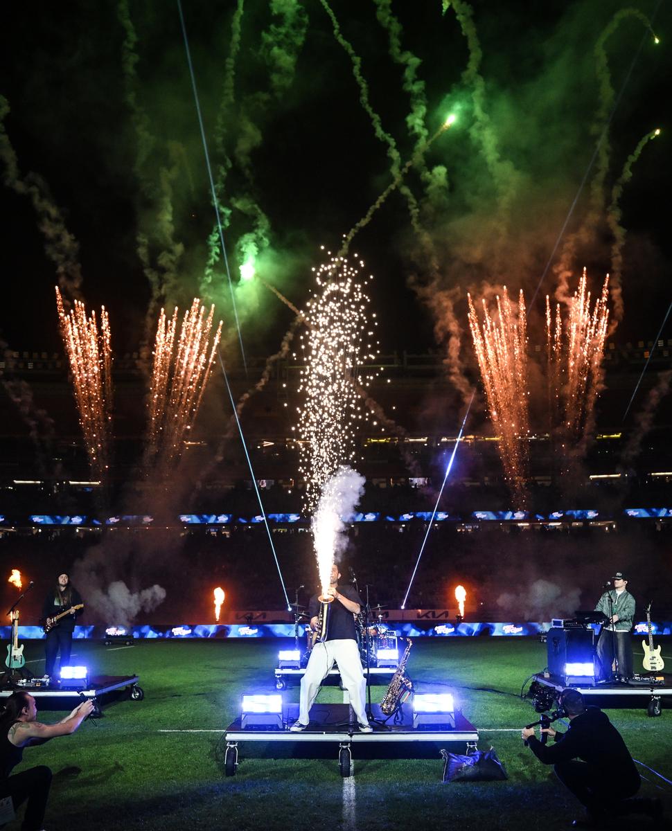andrew cornaga;Drax Project at Eden Park;Drax Project perform at half time during the Blues v Highlanders. 2026 Super Rugby Pacific match at Eden Park, Auckland, New Zealand. Friday 17 April 2026. © Photo: Andrew Cornaga / Photosport