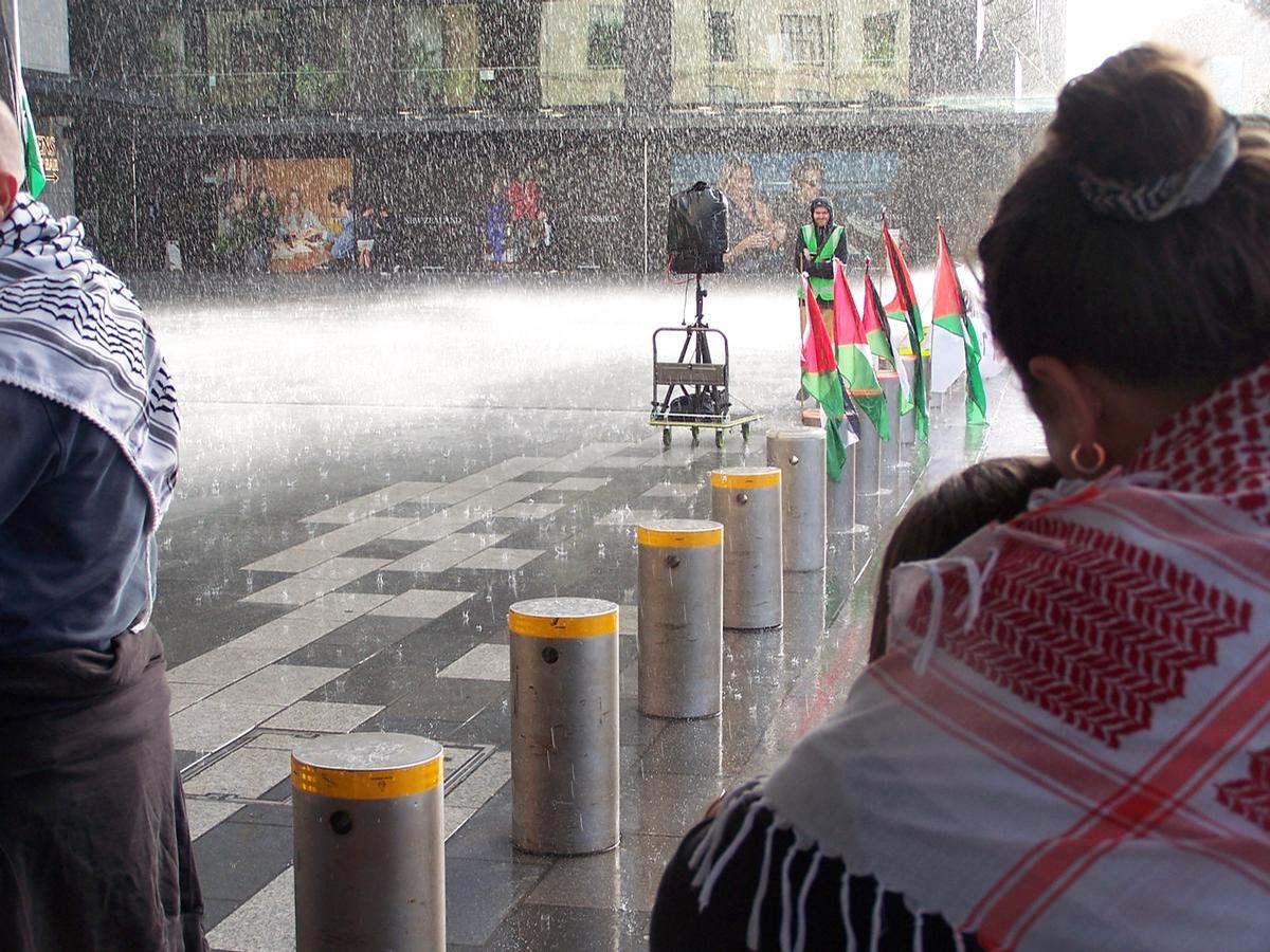 Bruce King;Rain at the rally for Palestine